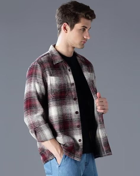 Men Burgundy Oversized Fit Shacket