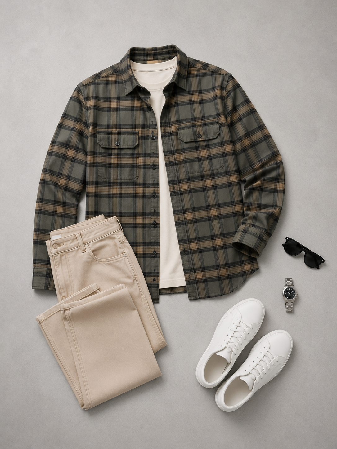 Men Vintage Green Plaid Shirt