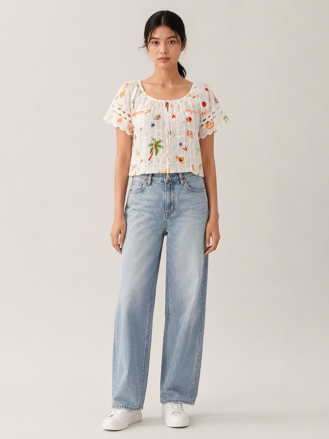 Women Multi Print Schiffli Vacation Top