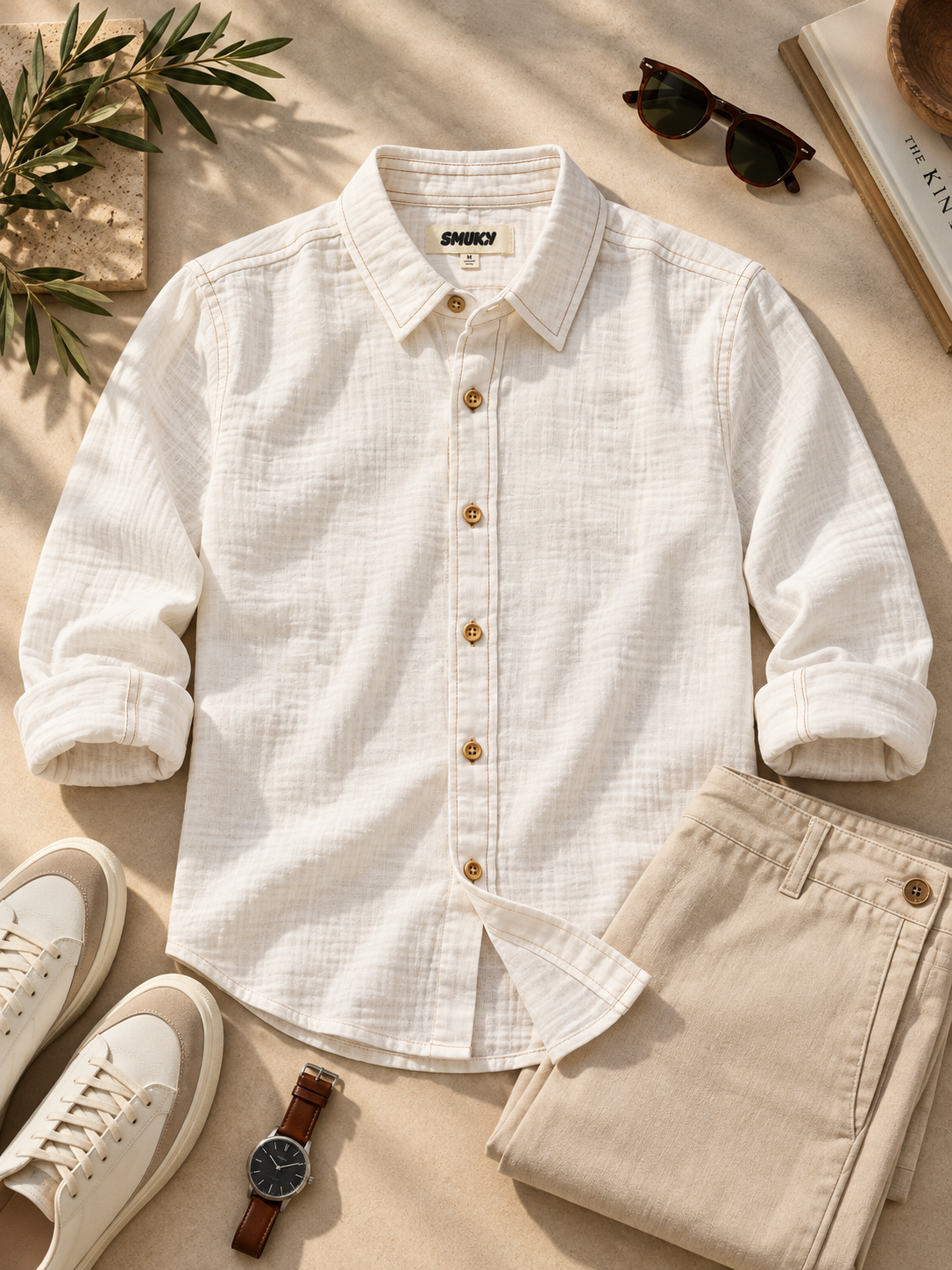 Men White Doublecloth Casual Shirt