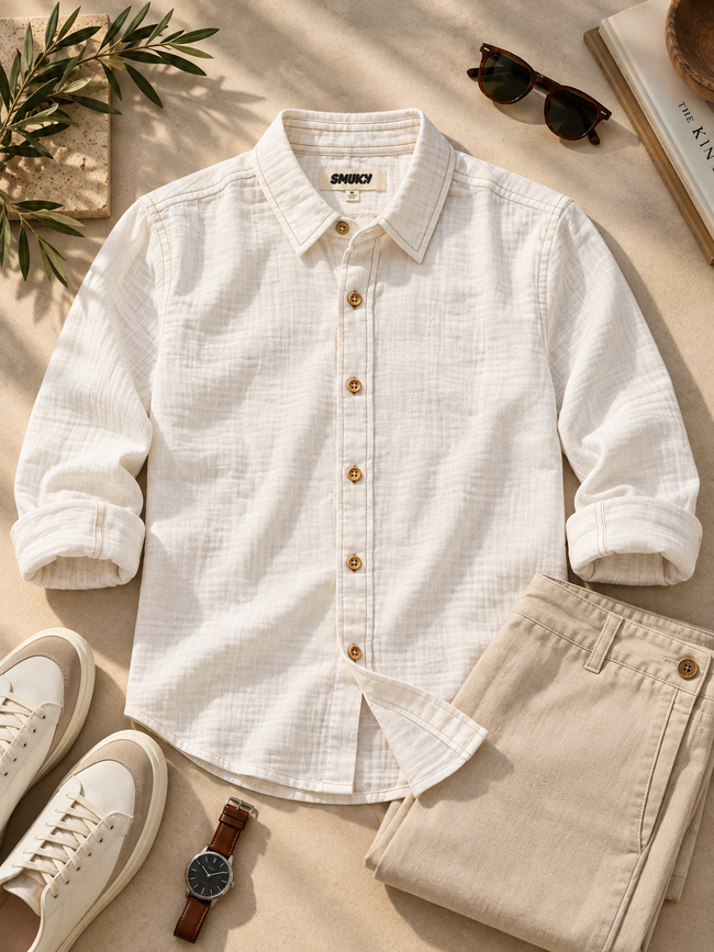 Men White Doublecloth Casual Shirt