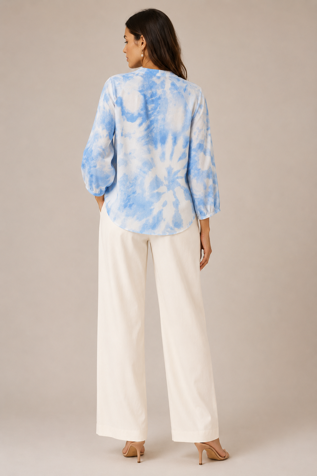 Women Blue Watercolor Print Tie Up Neck Top