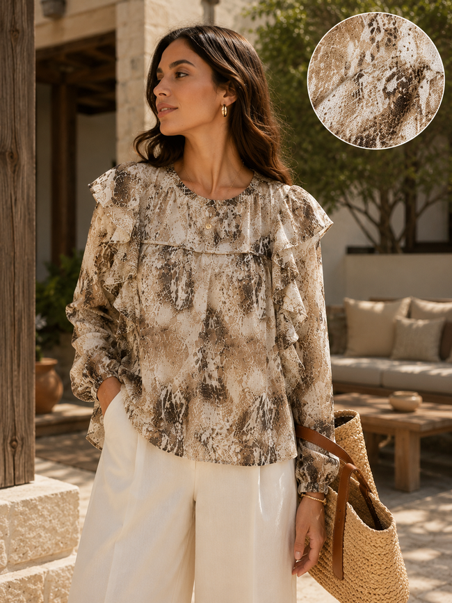 Women Brown Printed Frill Top