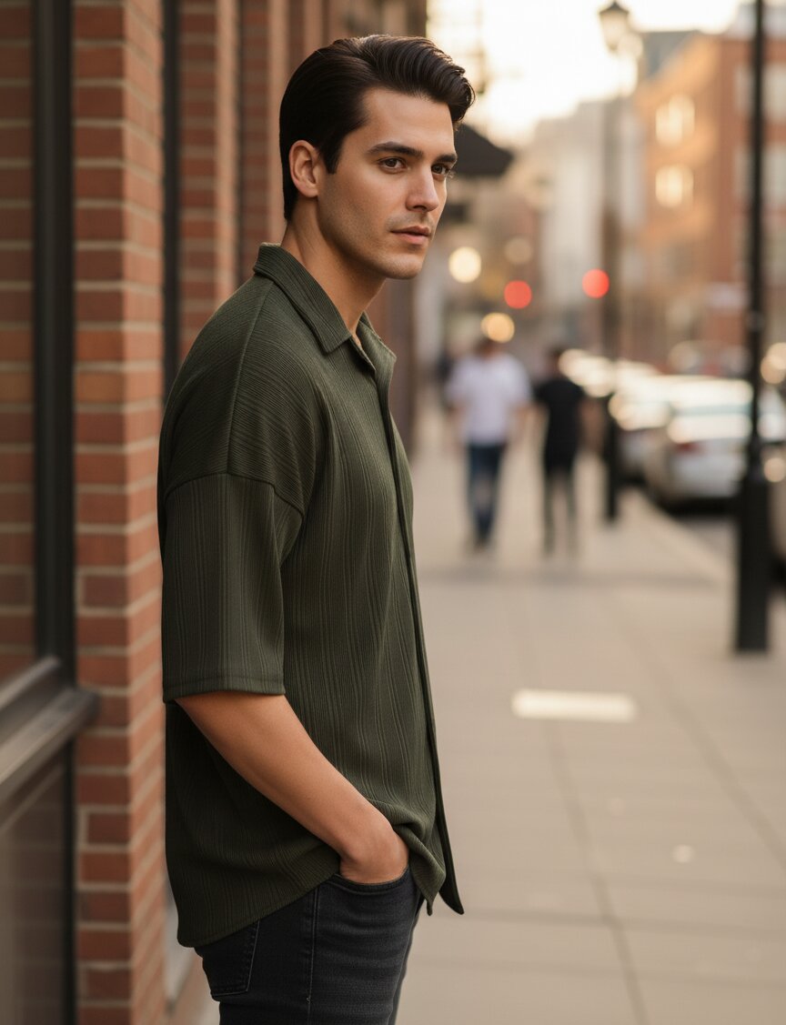 Men Olive  Button Down Collar Shirt