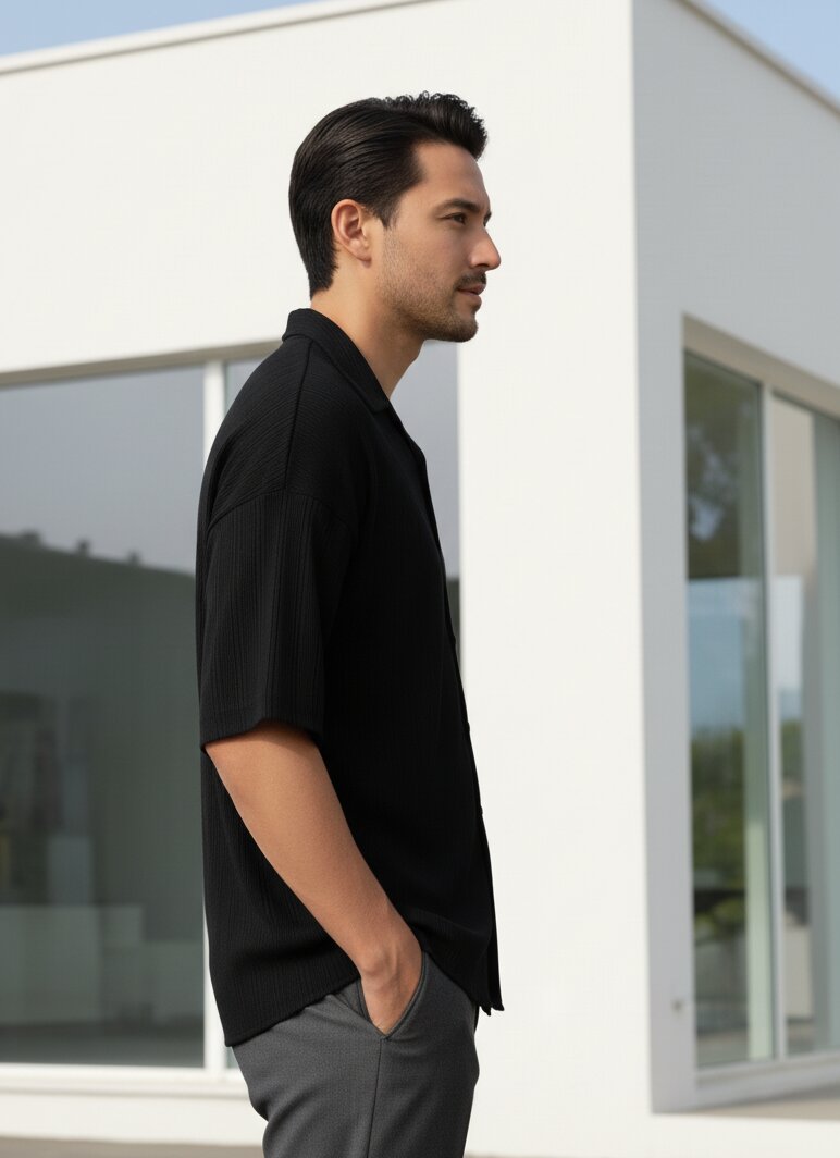 Men Black Button Down Collar Shirt