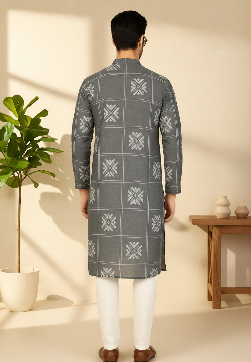 Men Grey Embroidered Kurta