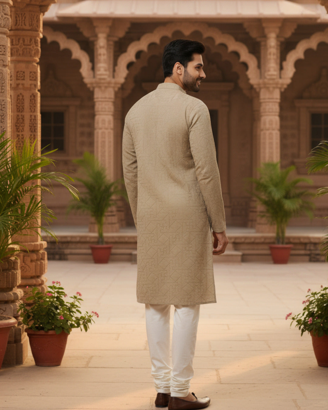 Men Beige Zig Zag Embroidered Kurta