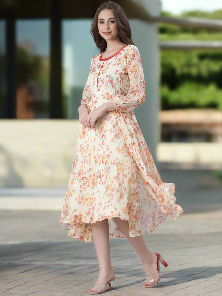 Women Cream Floral Printed Fit & Flare Dress