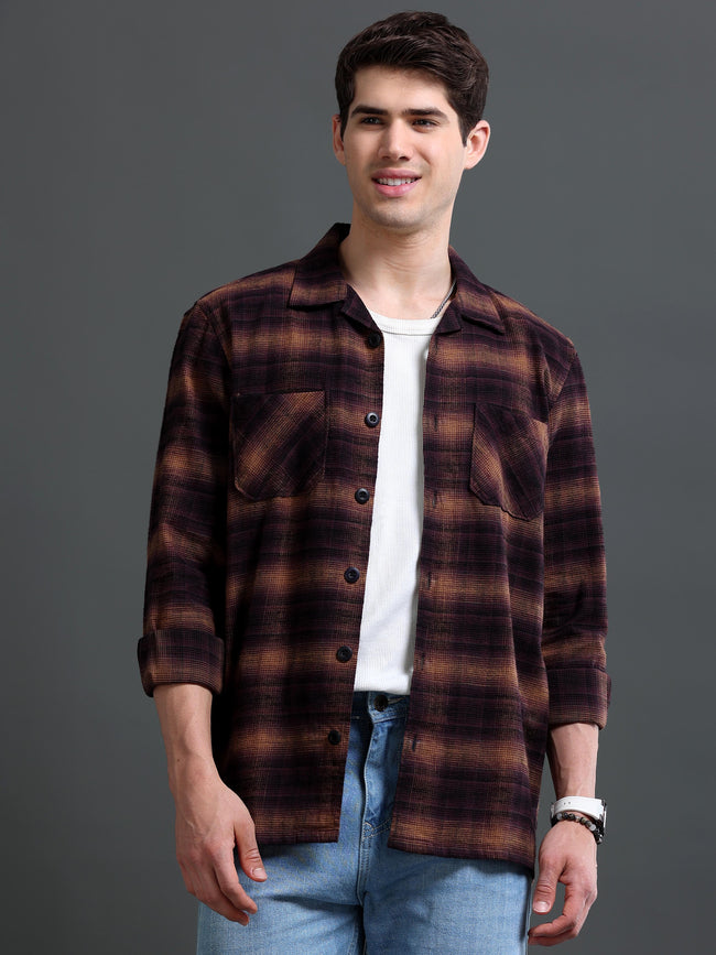 Men Burgundy Flannel Checked Shirt