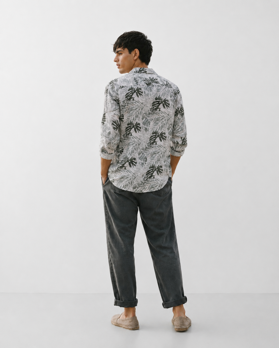 Men Grey Tropical Print Shirt