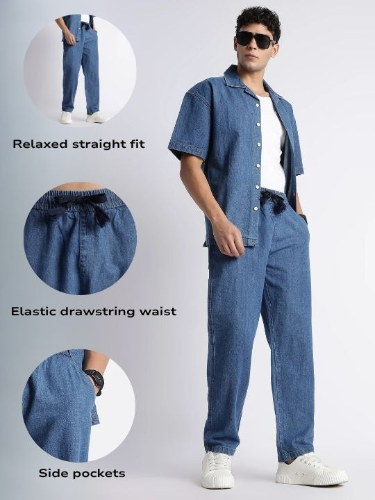 Men Mid Blue Drawstring Denim Pant
