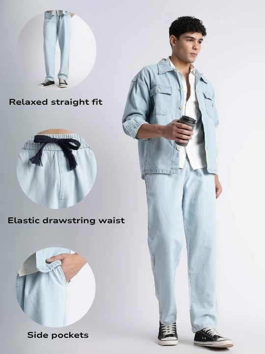 Men Ice Blue Drawstring Denim Pant