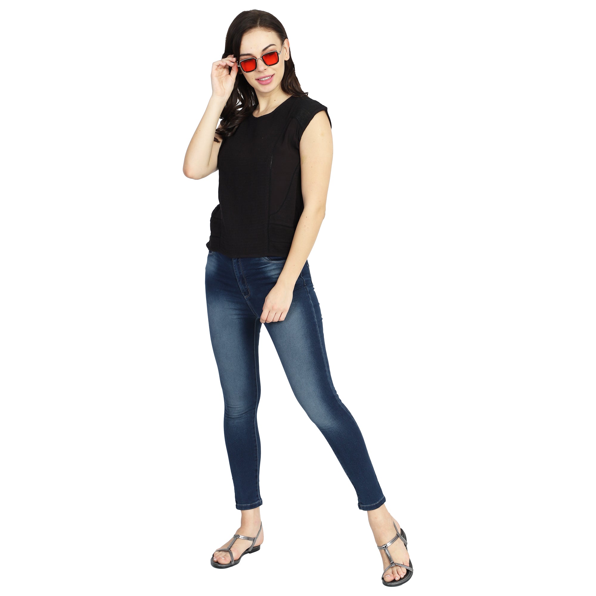 Women Black Round Neck Top
