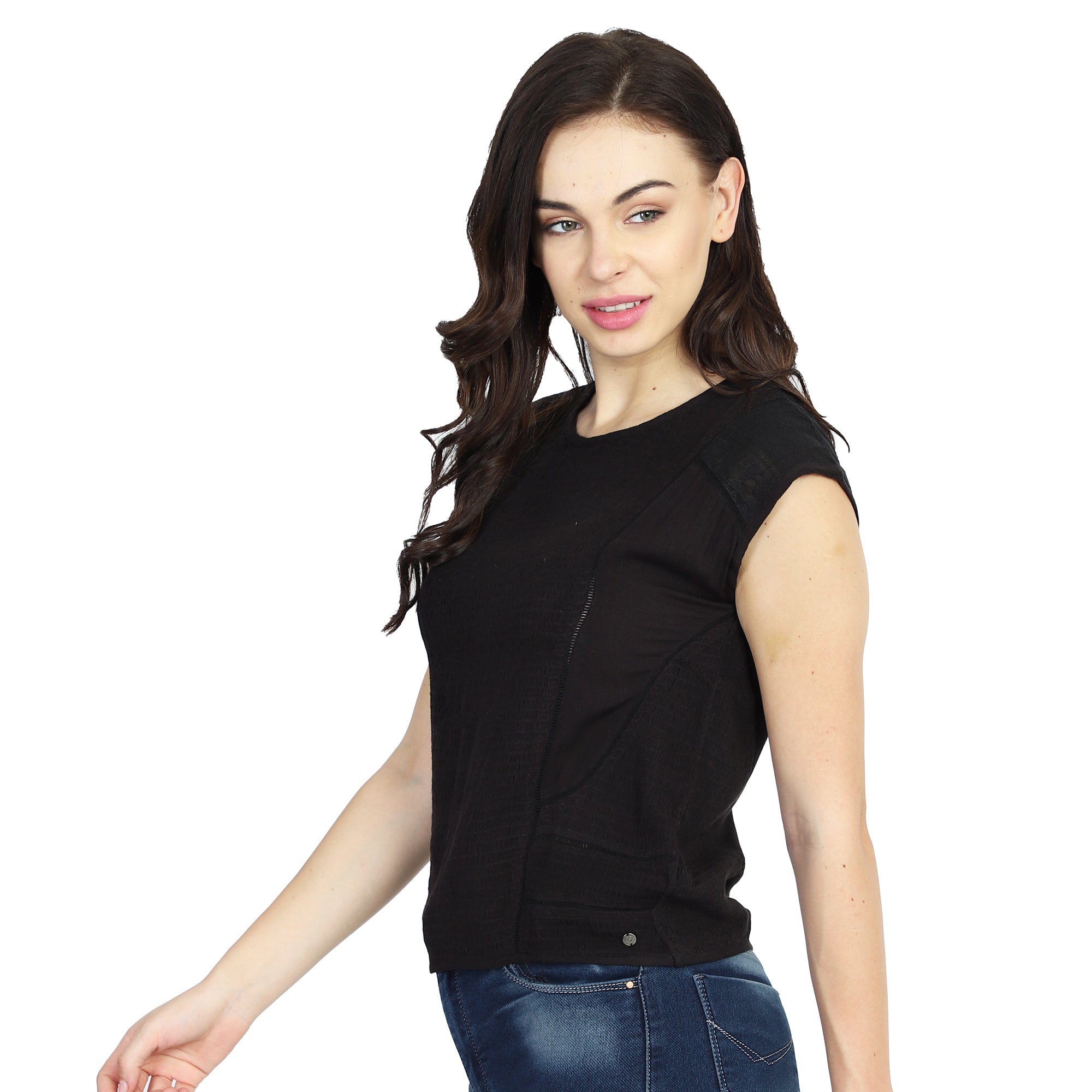 Women Black Round Neck Top