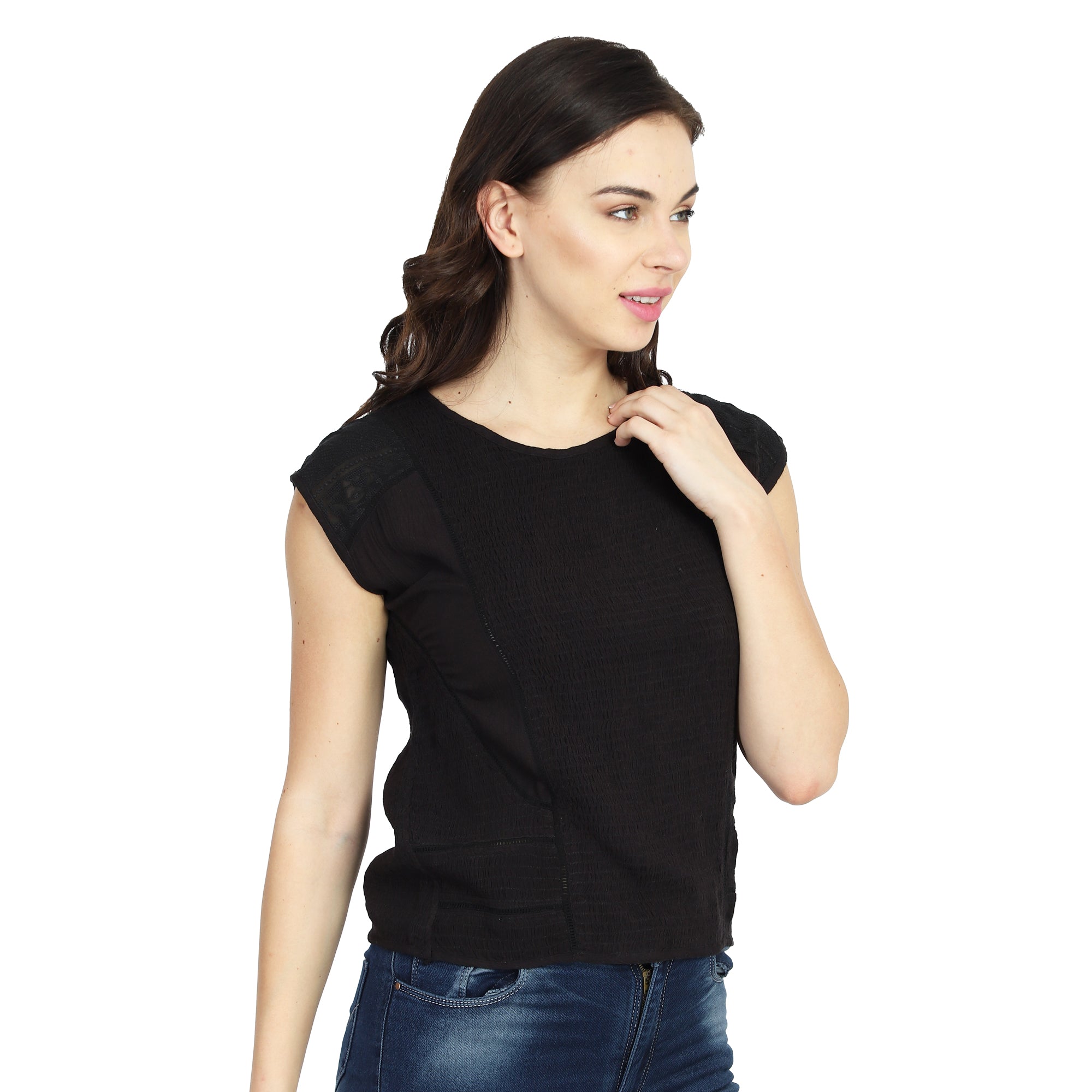 Women Black Round Neck Top