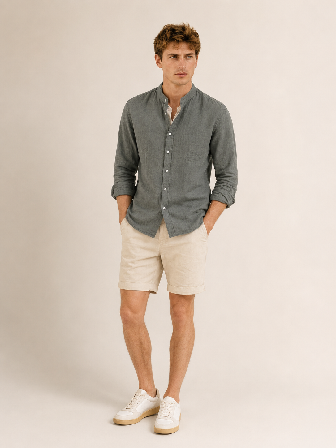 Men Olive Linen Band Collar Shirt