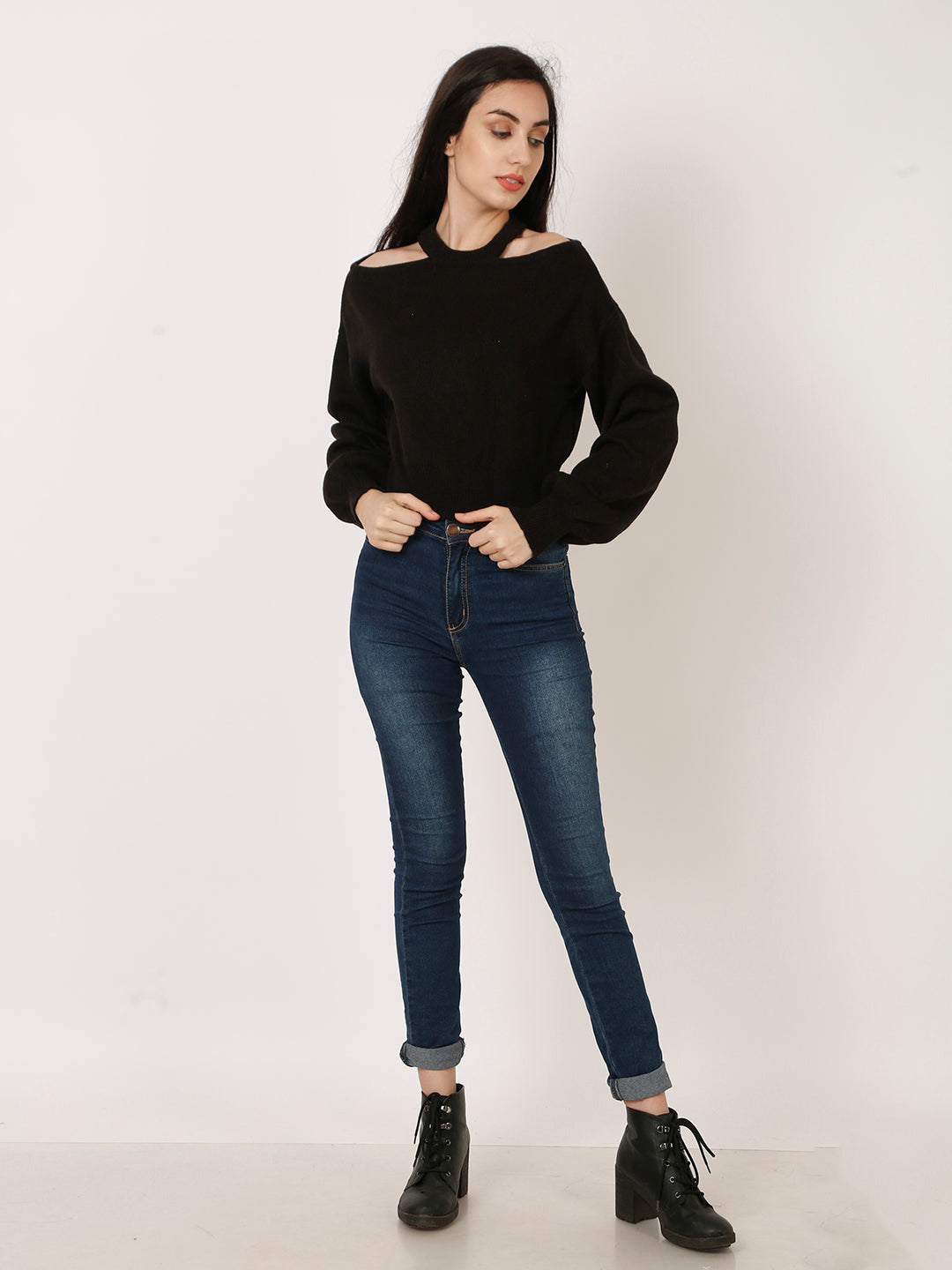 Women Black Acrylic Cut-Out Shoulder Knit Sweater