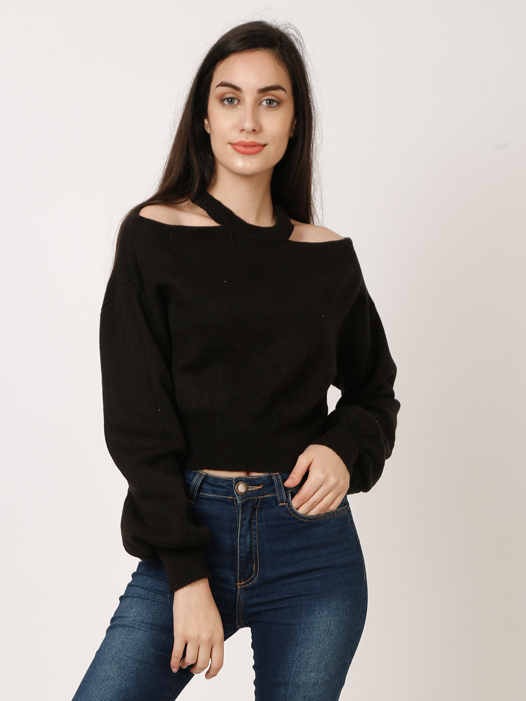 Women Black Acrylic Cut-Out Shoulder Knit Sweater