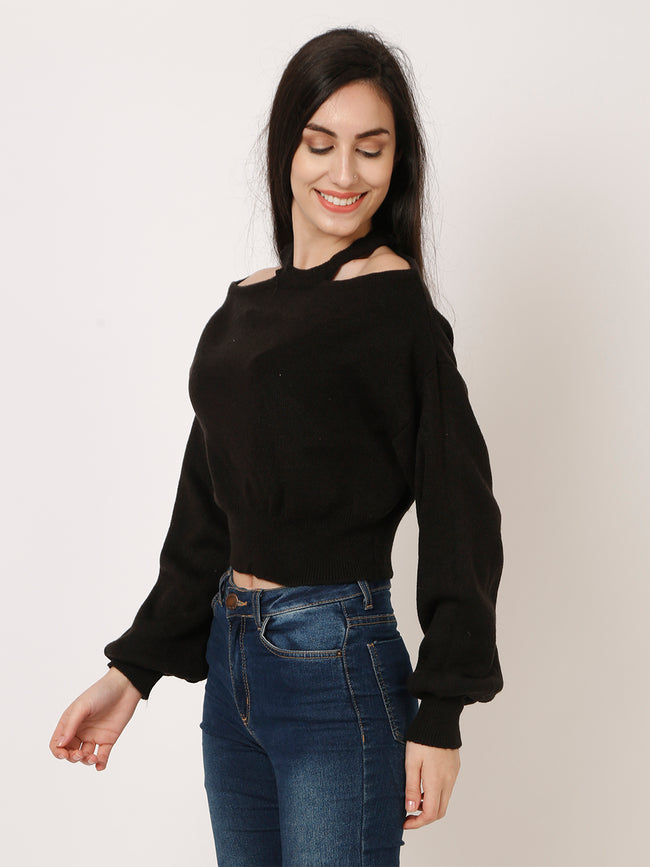 Women Black Acrylic Cut-Out Shoulder Knit Sweater