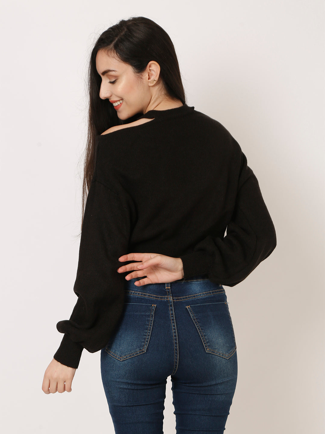 Women Black Acrylic Cut-Out Shoulder Knit Sweater