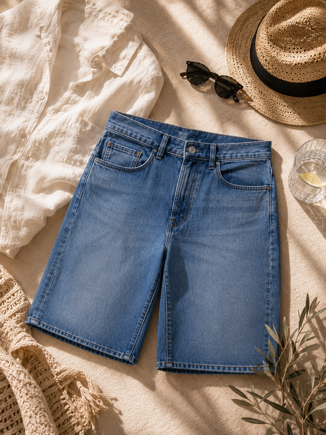 Men Blue Washed Denim Shorts