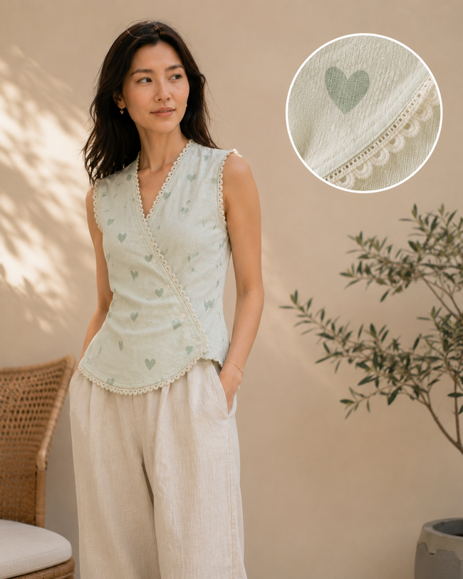 Women Heart Print Lace Trim Wrap Top