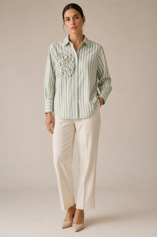 Women Sage Stripe Shirt With Ruffle Detail