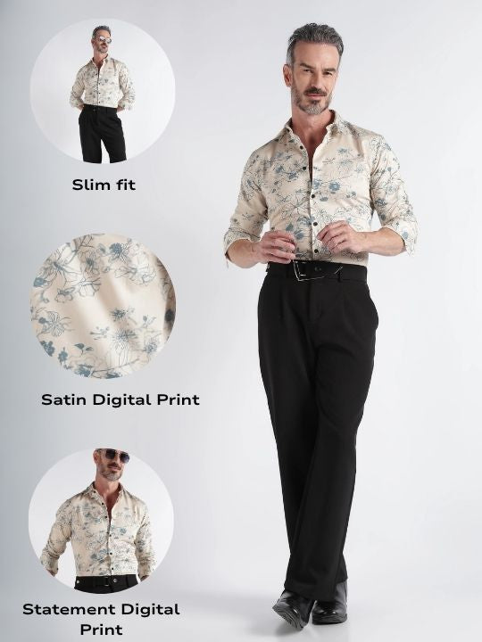Men Beige Satin Digital Print Shirt