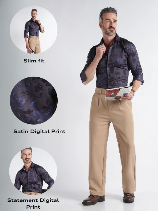 Men Blue Satin Digital Print Shirt