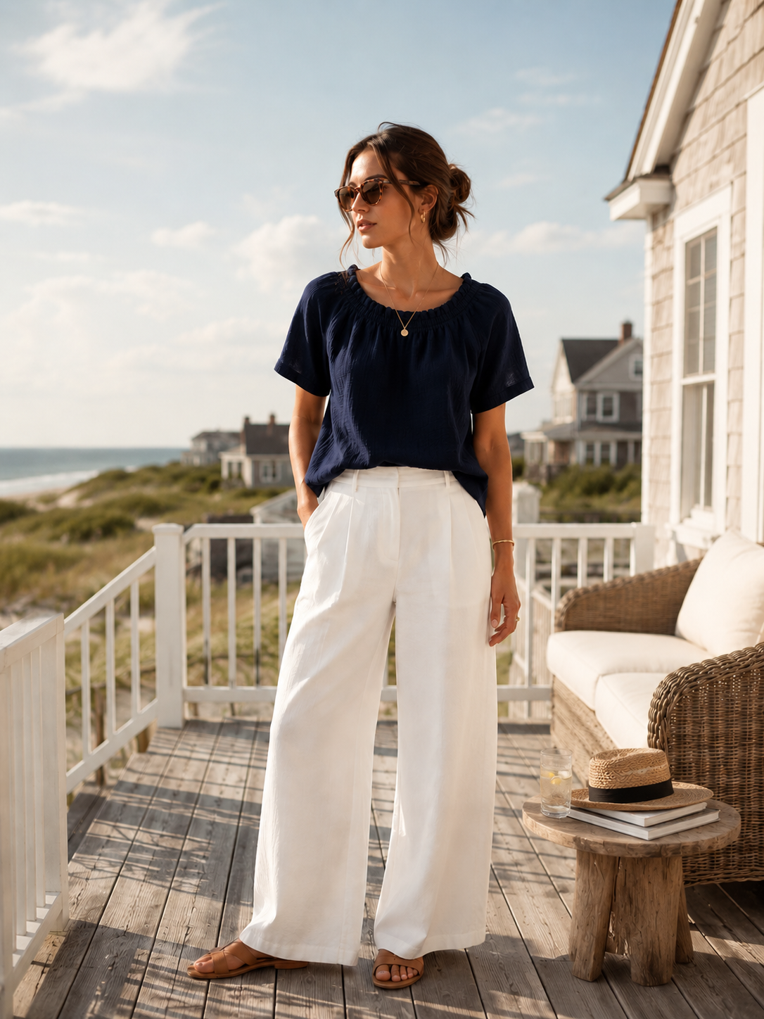 Women Navy Gathered Neck Top