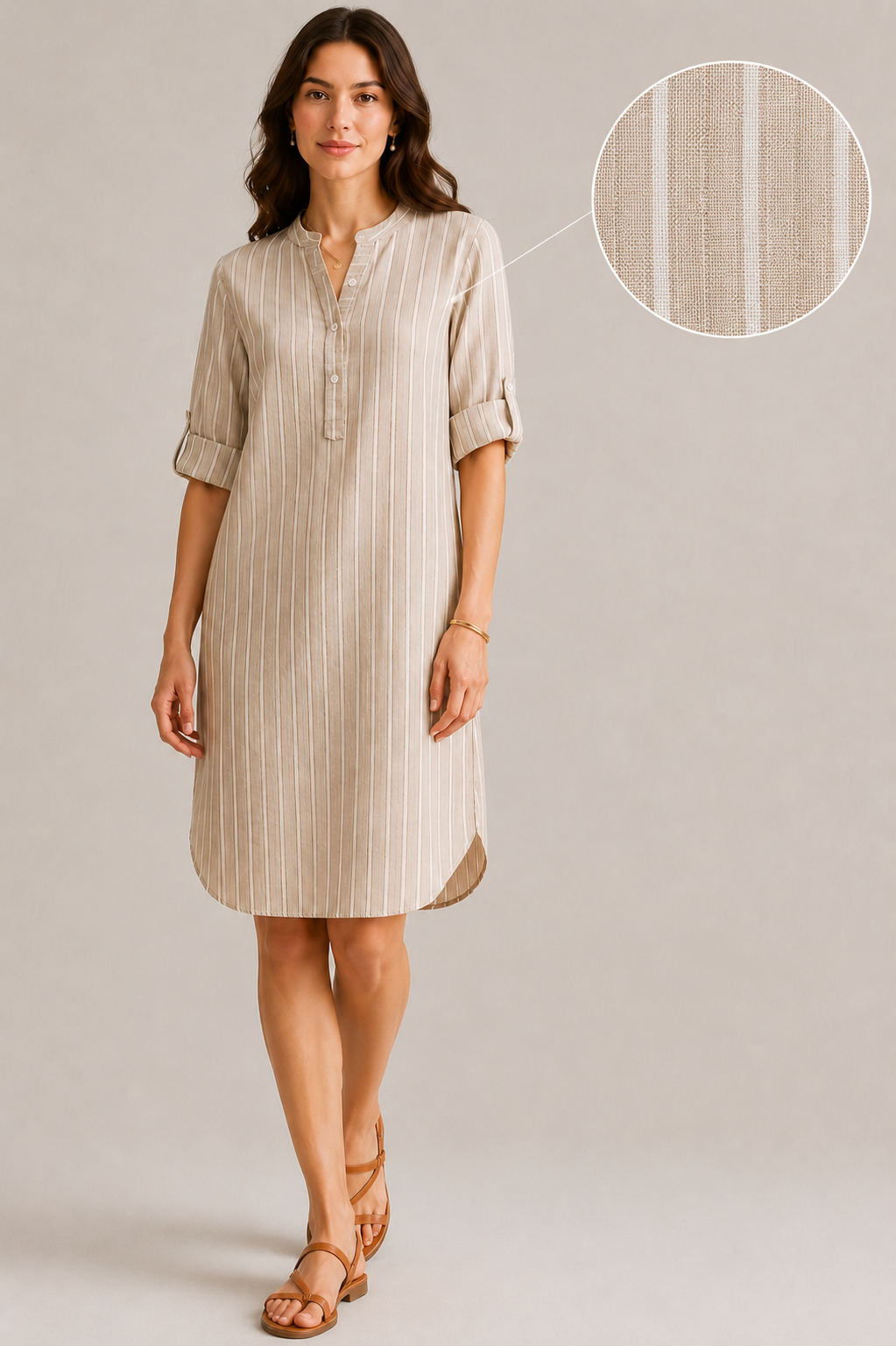 Women Minimal Stripe Shirt Dress In Beige