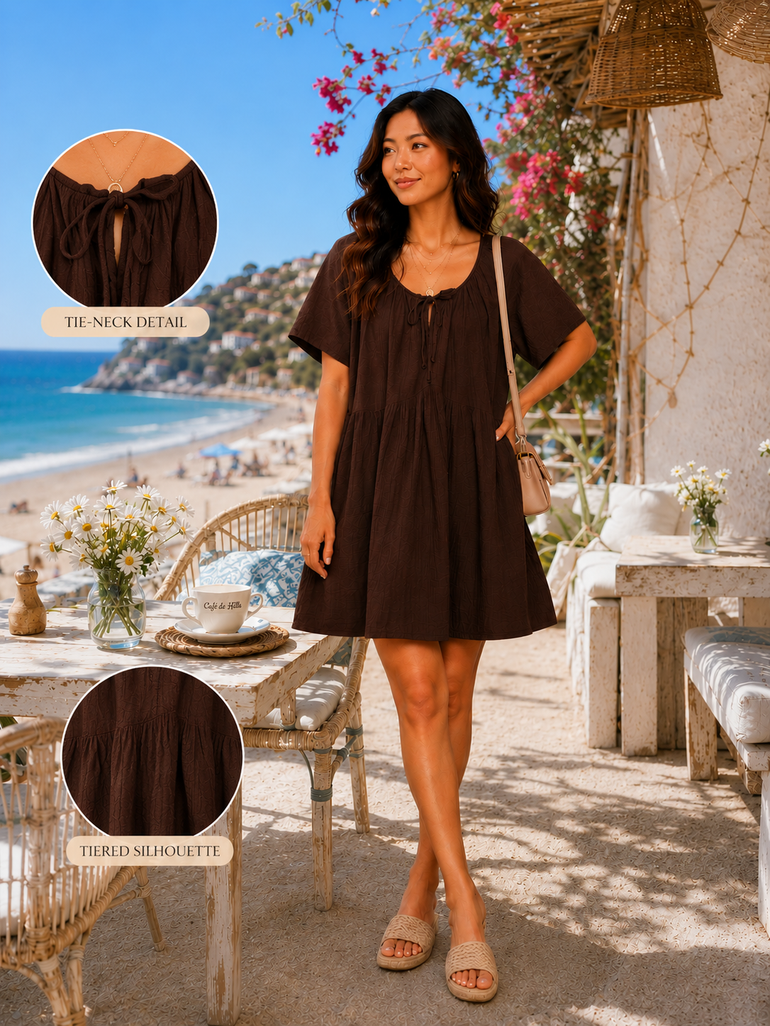 Women Brown Tie-Neck Relaxed Dress