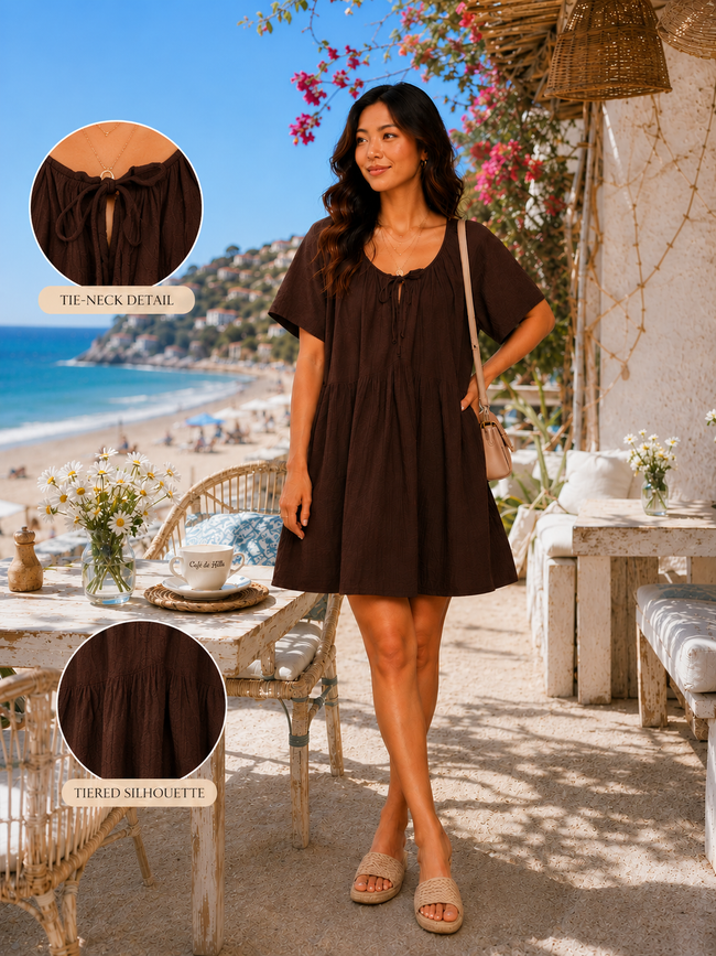 Women Brown Tie-Neck Relaxed Dress