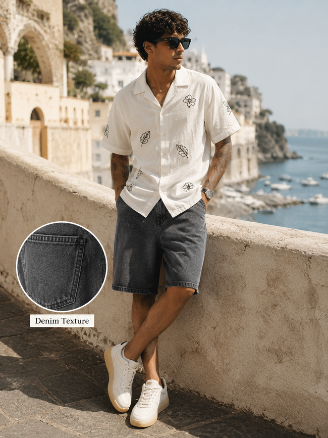 Men Black Washed Denim Shorts