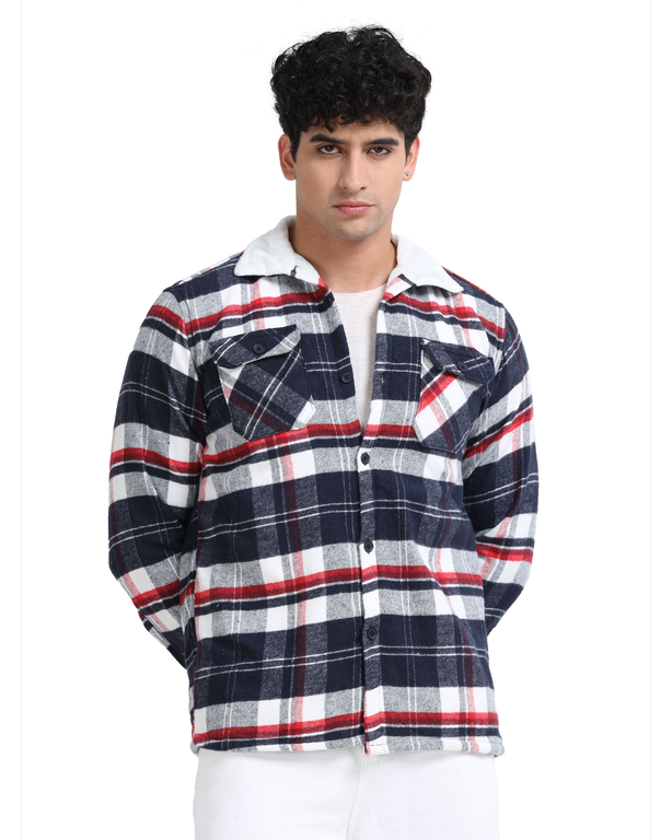 Men Checkered Long Sleeve Fur Collared Casual Brushed OverShirt