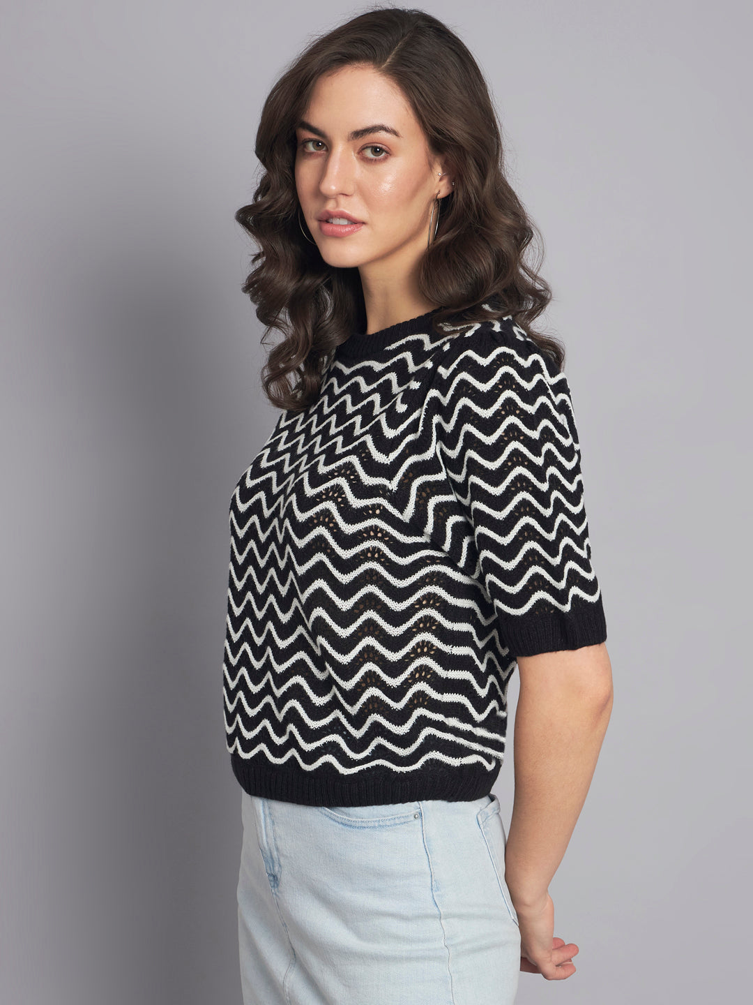Women Black Stripe Mesh Top