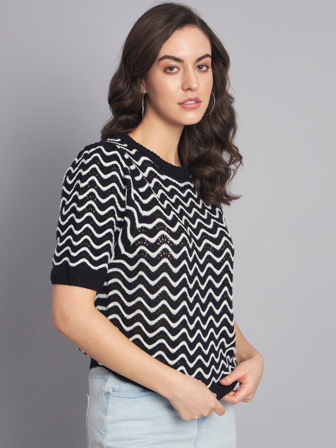 Women Black Stripe Mesh Top