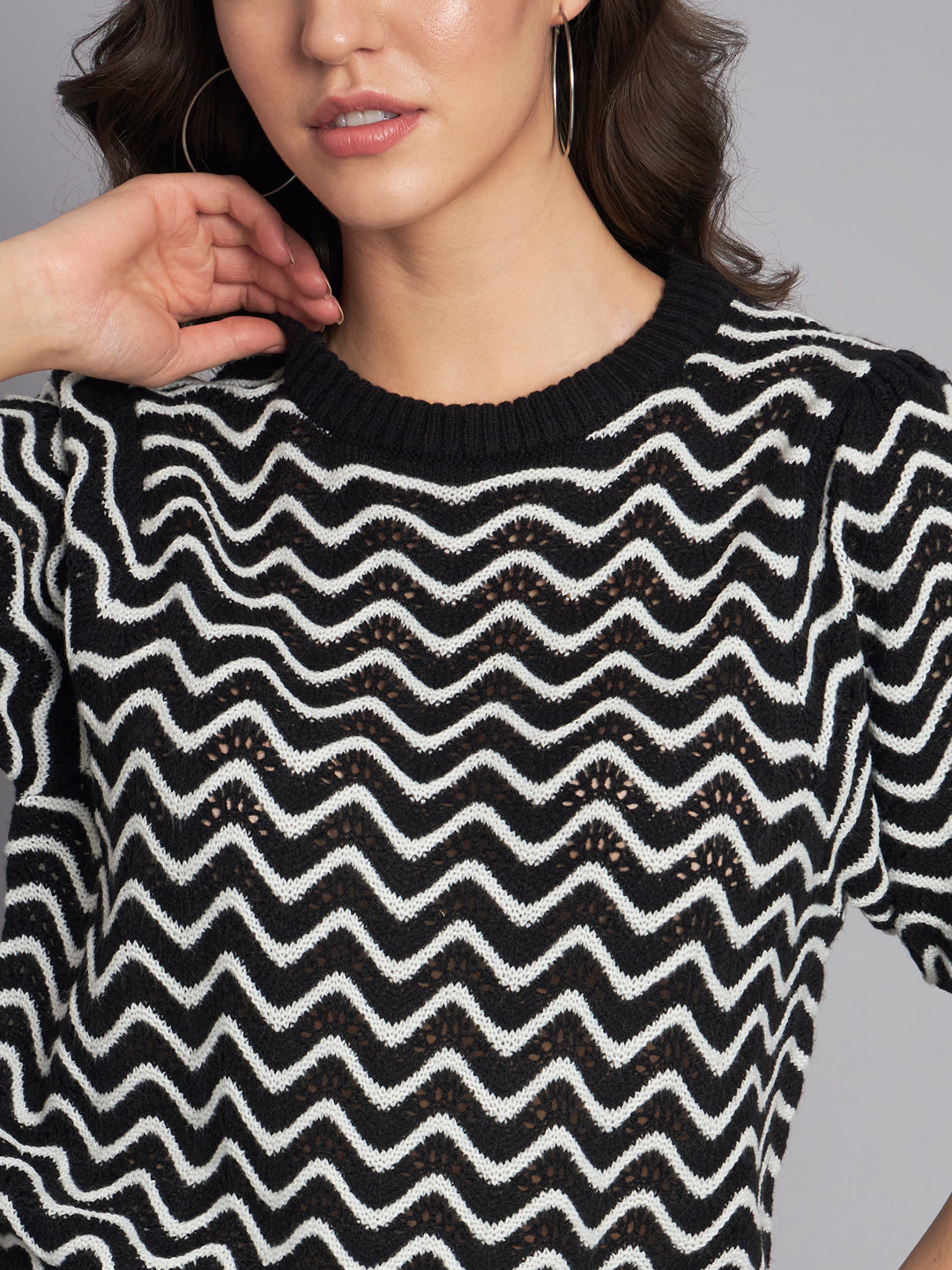Women Black Stripe Mesh Top