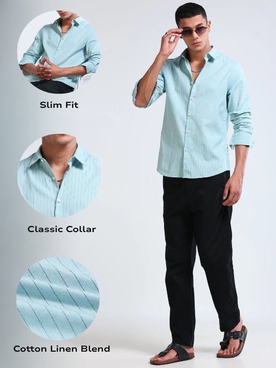 Men Blue Cotton Linen Striped Shirt