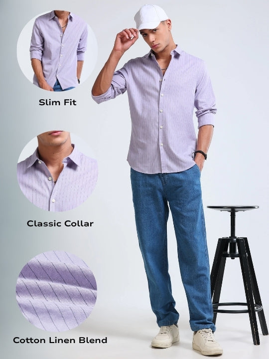 Men Lavender Cotton Linen Striped Shirt
