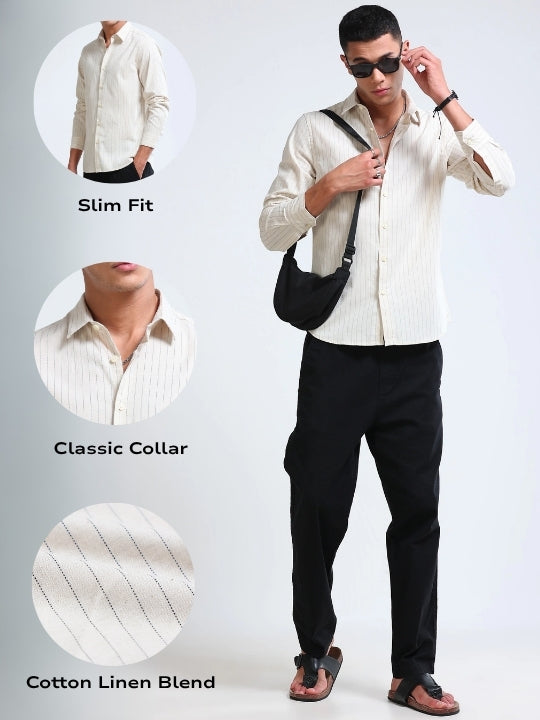 Men Cream Cotton Linen Striped Shirt