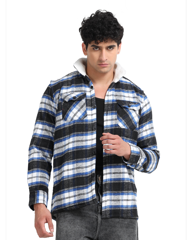 Men Checkered Long Sleeve Fur Collared Casual Brushed OverShirt