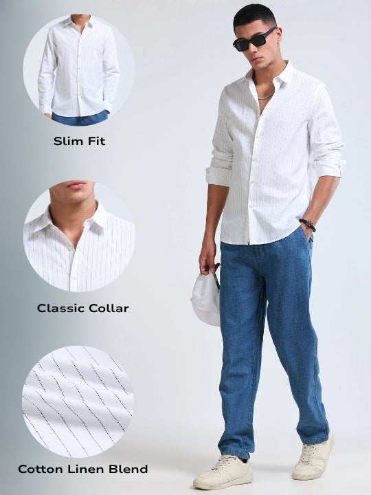 Men White Cotton Linen Striped Shirt