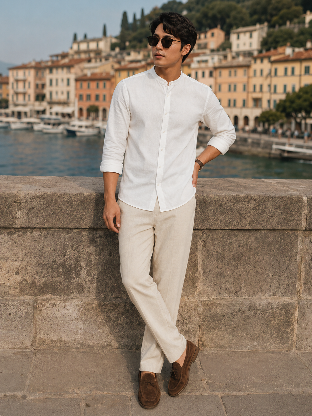 Men White Linen Band Collar Shirt