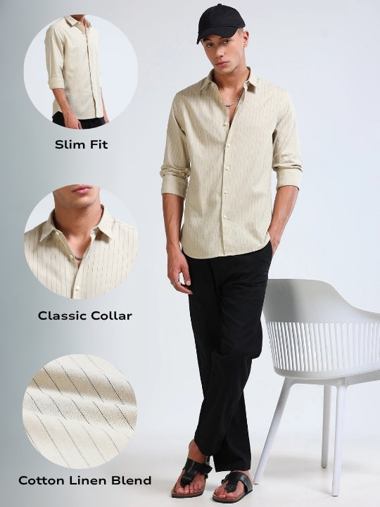 Men Beige Cotton Linen Striped Shirt
