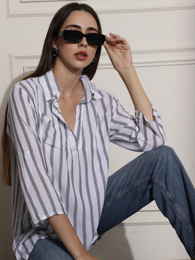 Women White Striped Regular Fit Top