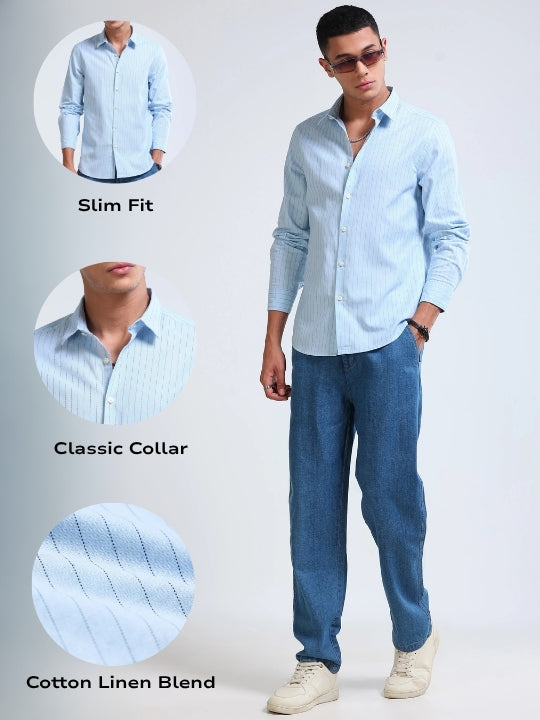 Men Blue Cotton Linen Striped Shirt