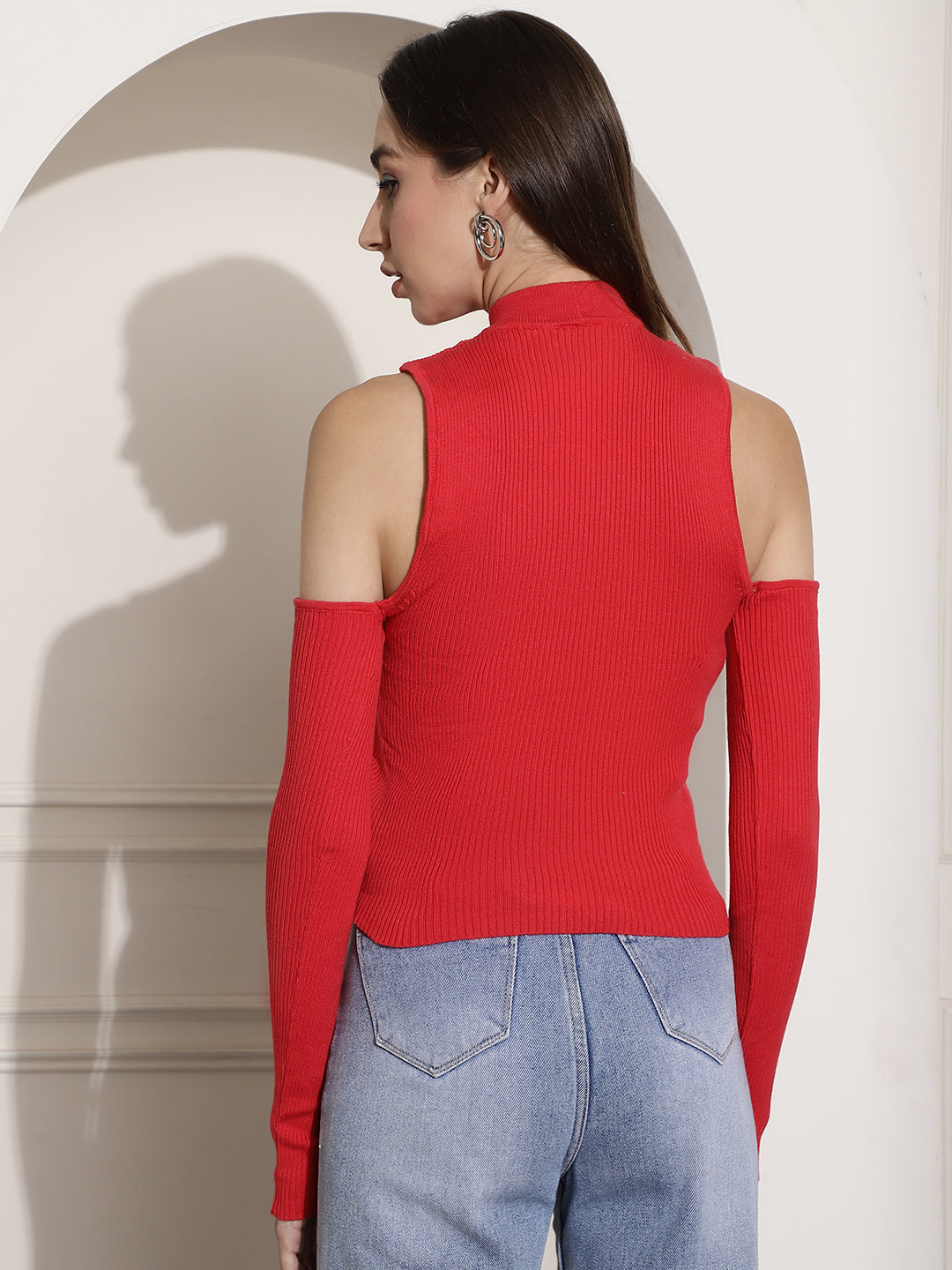 Women Red Ribbed Cold Shoulder