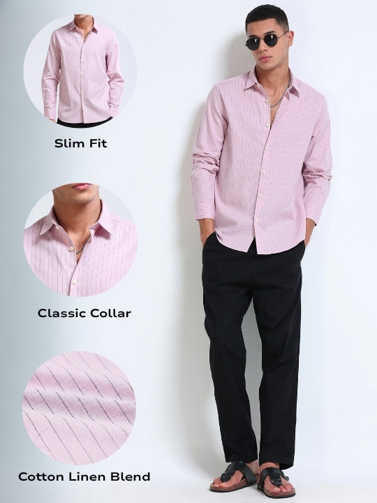 Men Pink Cotton Linen Striped Shirt