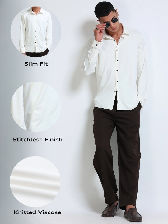 Men Off White Knitted Viscose Shirt